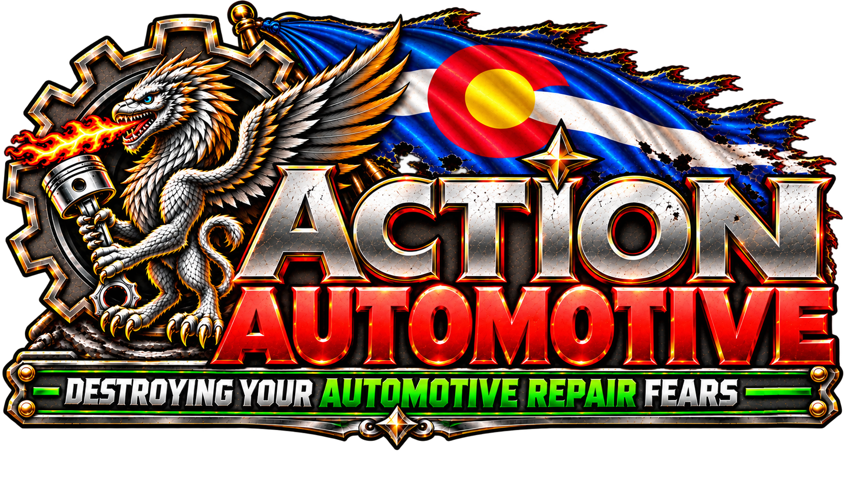 Action Automotive logo: a griffin holding a piston beside a gear and a Colorado flag, with the words ACTION AUTOMOTIVE and the tagline Destroying Your Automotive Repair Fears