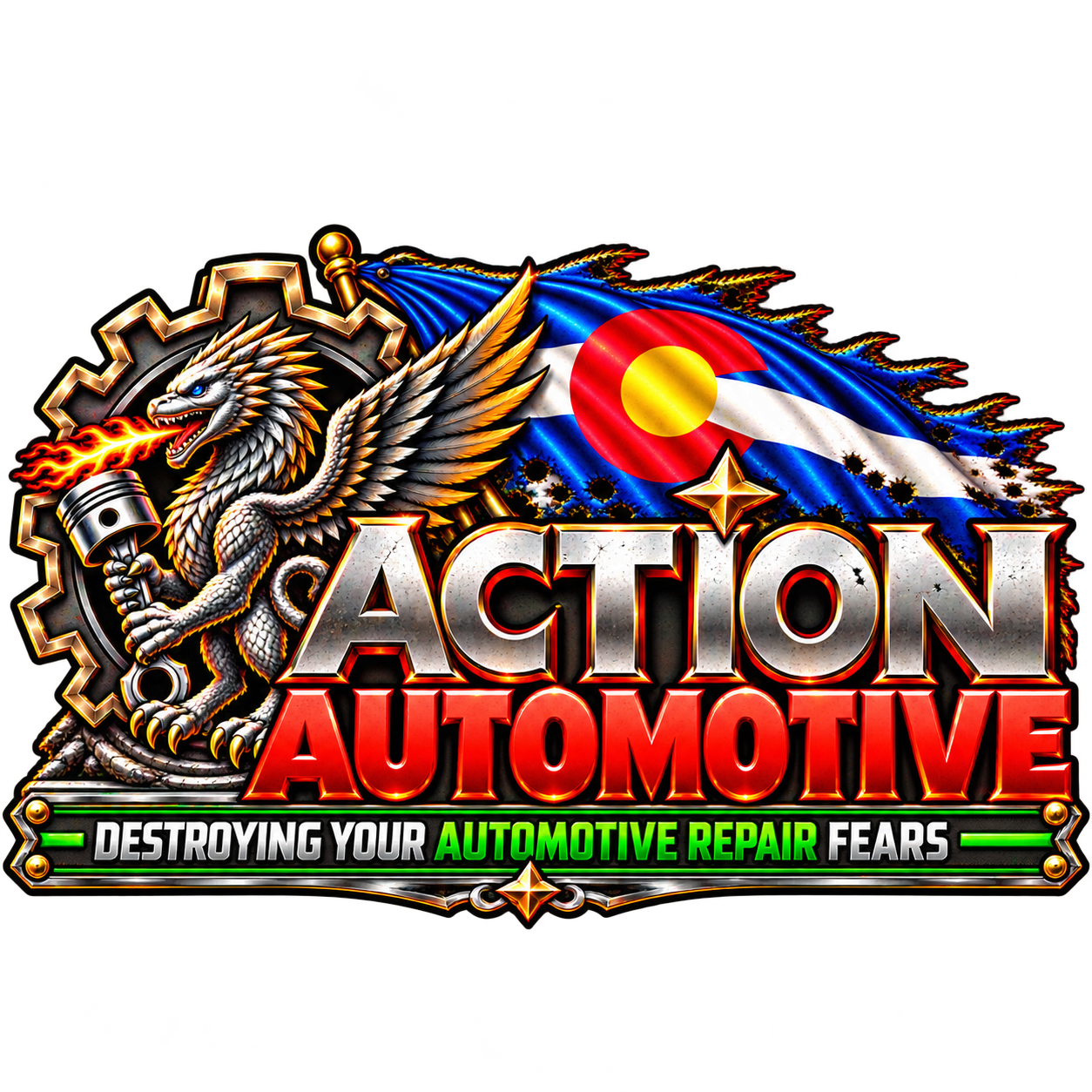 Action Automotive logo: a griffin holding a piston beside a gear and a Colorado flag, with the words ACTION AUTOMOTIVE and the tagline Destroying Your Automotive Repair Fears